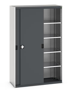 Bott cubio cupboard with lockable sliding doors 2000mm high x 1300mm wide x 525mm deep and supplied with 4 x 160kg capacity shelves.   Ideal for areas with limited space where standard outward opening doors would not be suitable.... Bott Cubio Sliding Solid Door Cupboards with shelves and drawers 1600mm high option available